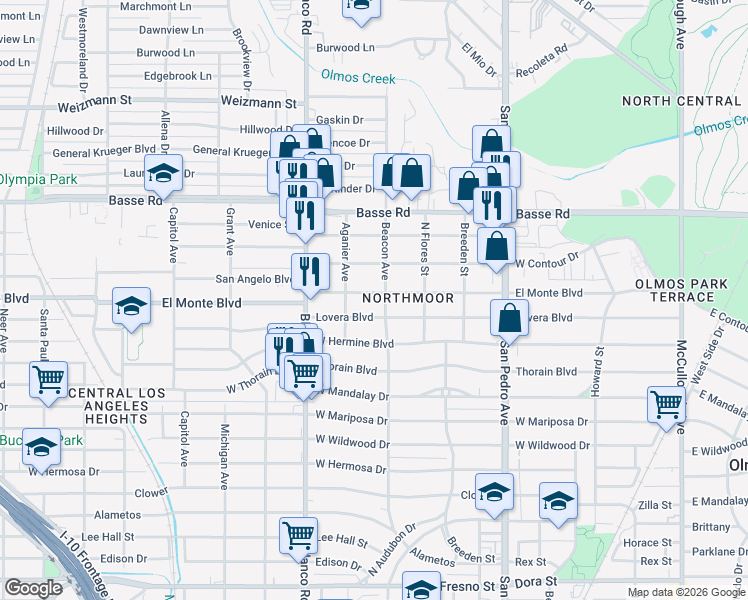 map of restaurants, bars, coffee shops, grocery stores, and more near 609 El Monte Boulevard in San Antonio