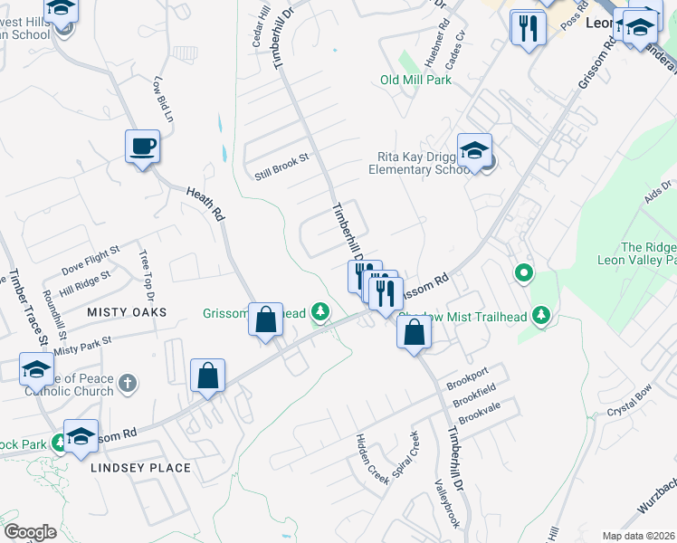 map of restaurants, bars, coffee shops, grocery stores, and more near 7226 Pebble Creek Drive in San Antonio