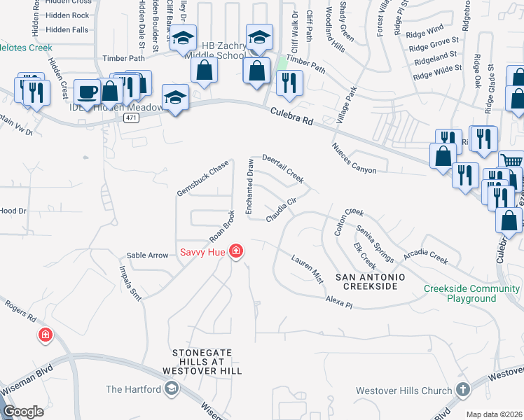 map of restaurants, bars, coffee shops, grocery stores, and more near 9731 Astin Place in San Antonio