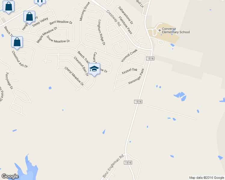 map of restaurants, bars, coffee shops, grocery stores, and more near 5923 Ironmill Creek in Converse