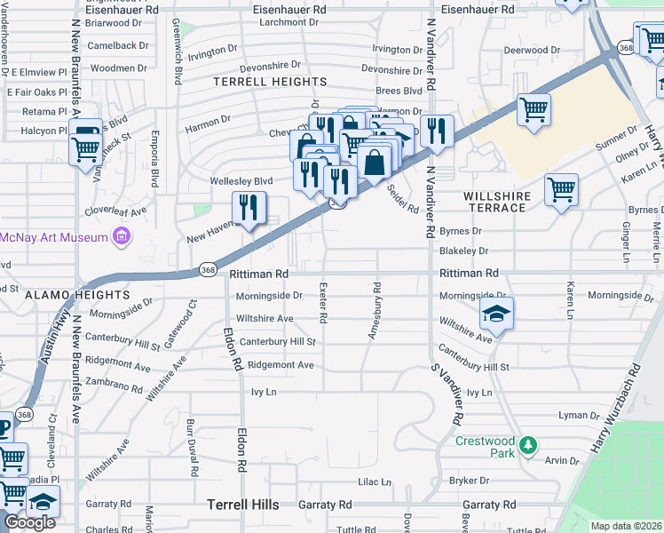 map of restaurants, bars, coffee shops, grocery stores, and more near 110 Blakeley Drive in San Antonio