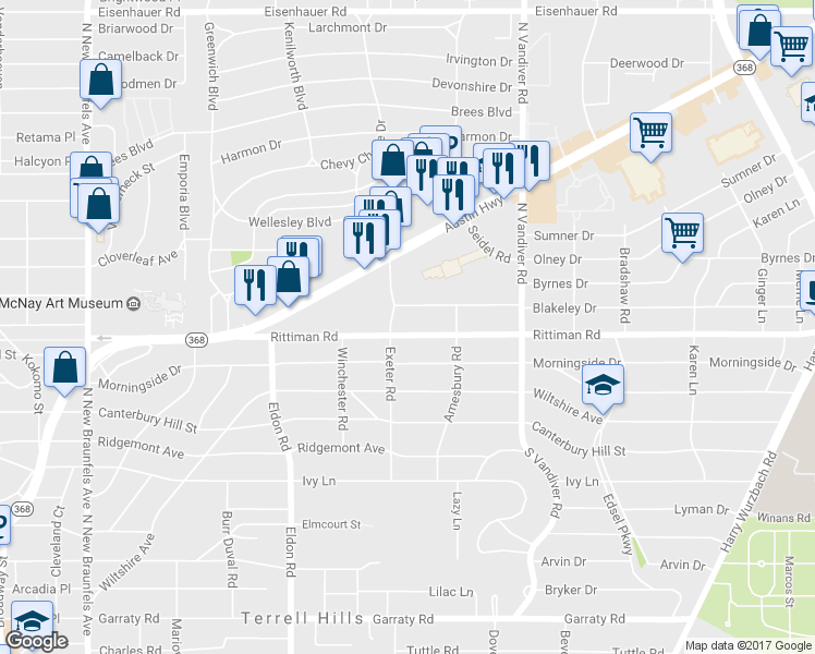 map of restaurants, bars, coffee shops, grocery stores, and more near 110 Blakeley Drive in San Antonio