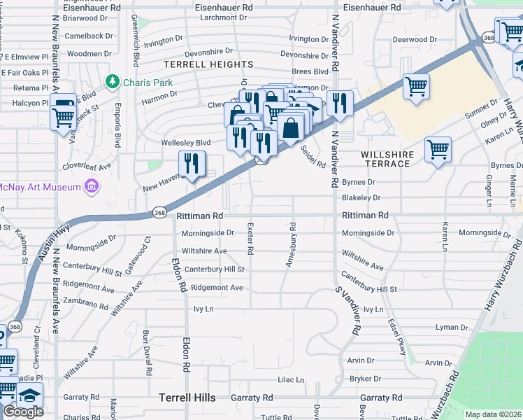 map of restaurants, bars, coffee shops, grocery stores, and more near 110 Blakeley Drive in San Antonio