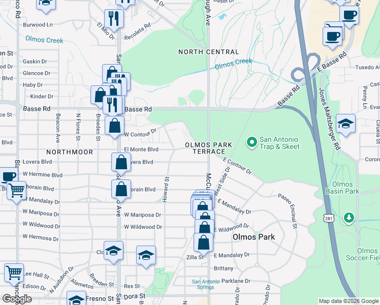 map of restaurants, bars, coffee shops, grocery stores, and more near 1441 West Contour Drive in San Antonio