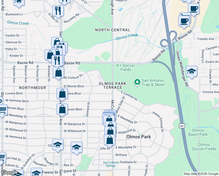 map of restaurants, bars, coffee shops, grocery stores, and more near 1400 West Contour Drive in San Antonio