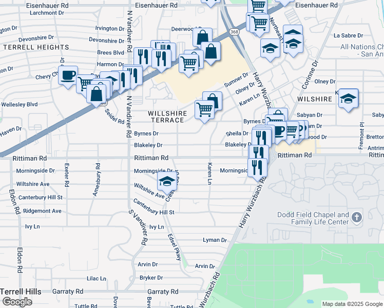 map of restaurants, bars, coffee shops, grocery stores, and more near 510 Blakeley Drive in San Antonio