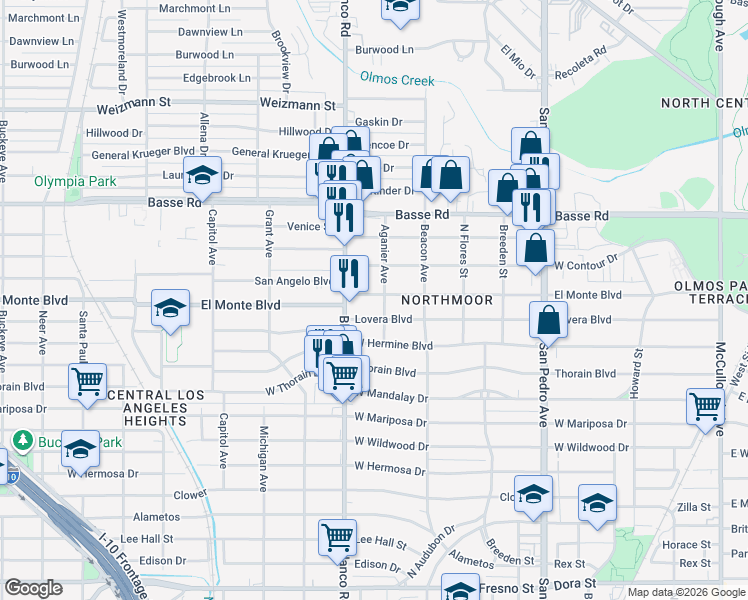 map of restaurants, bars, coffee shops, grocery stores, and more near 707 El Monte Boulevard in San Antonio