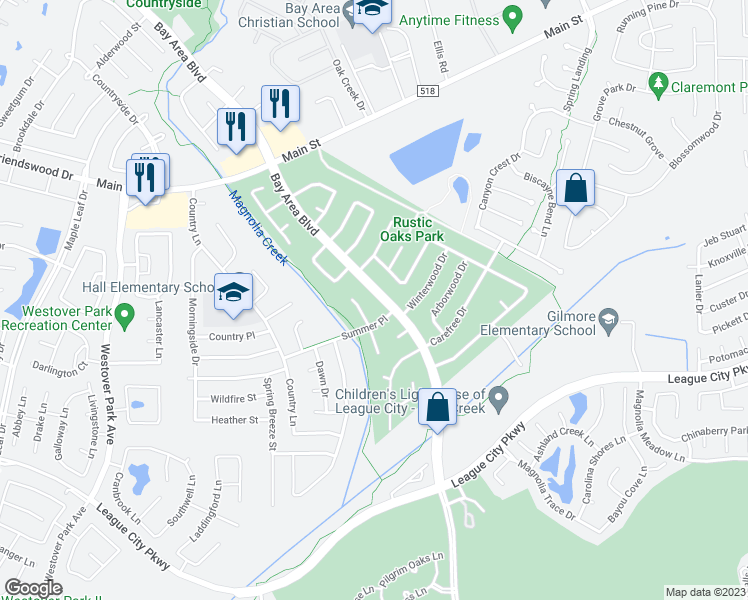 map of restaurants, bars, coffee shops, grocery stores, and more near 804 Bay Area Boulevard in League City
