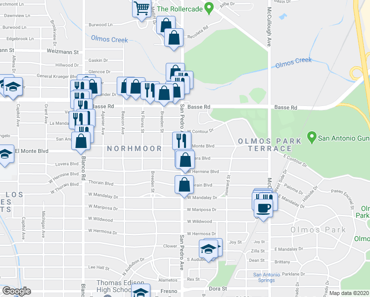 map of restaurants, bars, coffee shops, grocery stores, and more near 298 El Monte Boulevard in San Antonio