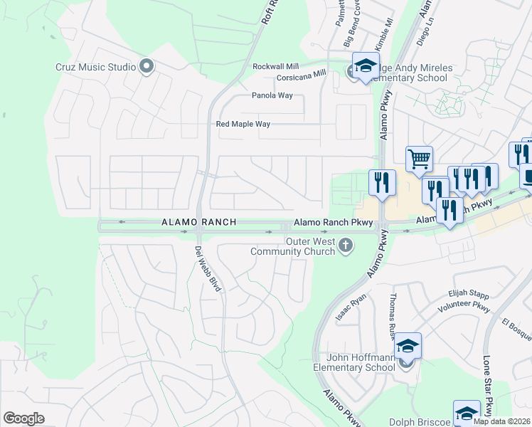 map of restaurants, bars, coffee shops, grocery stores, and more near 5315 Tulip Bend in San Antonio