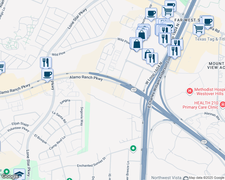 map of restaurants, bars, coffee shops, grocery stores, and more near 11340 Alamo Ranch Parkway in San Antonio