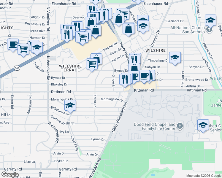 map of restaurants, bars, coffee shops, grocery stores, and more near 646 Blakeley Drive in San Antonio