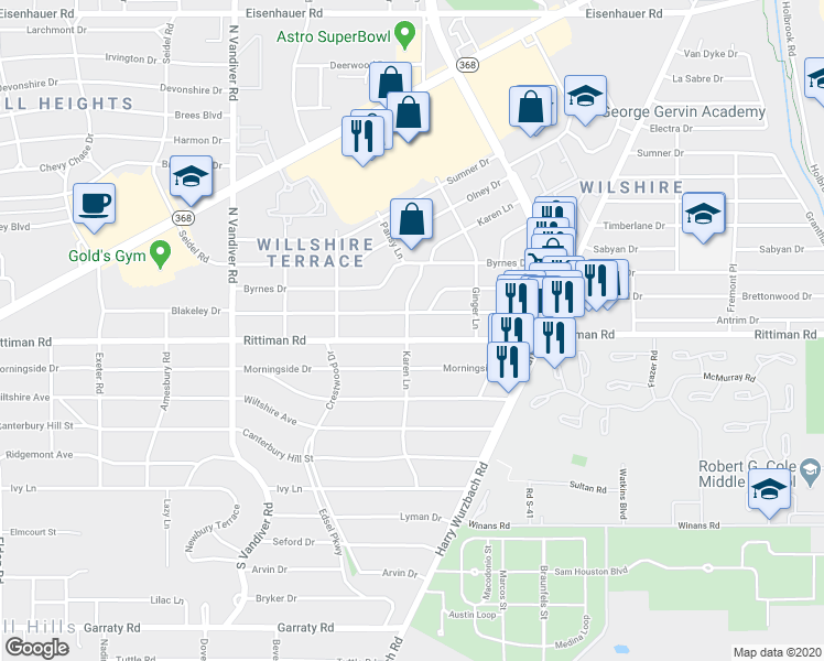 map of restaurants, bars, coffee shops, grocery stores, and more near 614 Blakeley Drive in San Antonio