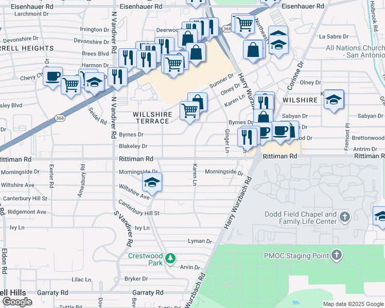 map of restaurants, bars, coffee shops, grocery stores, and more near 534 Blakeley Drive in San Antonio