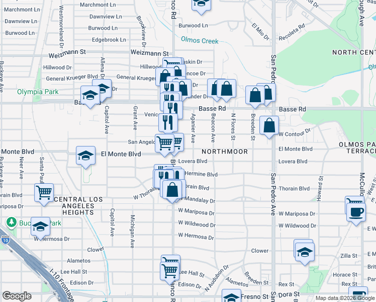 map of restaurants, bars, coffee shops, grocery stores, and more near 707 El Monte Boulevard in San Antonio