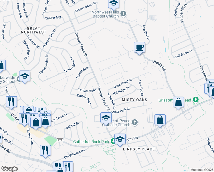 map of restaurants, bars, coffee shops, grocery stores, and more near 8063 Misty Breeze in San Antonio