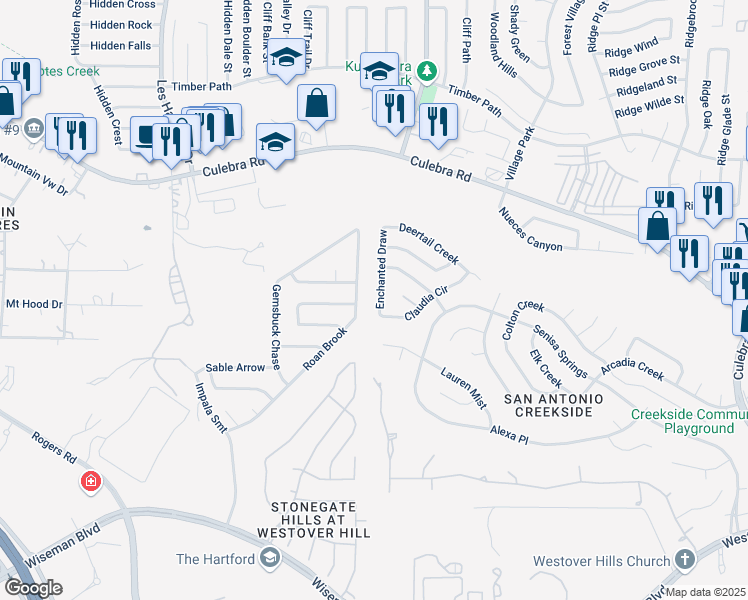 map of restaurants, bars, coffee shops, grocery stores, and more near 5134 Roan Brook in San Antonio