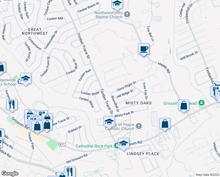 map of restaurants, bars, coffee shops, grocery stores, and more near 8063 Misty Breeze in San Antonio