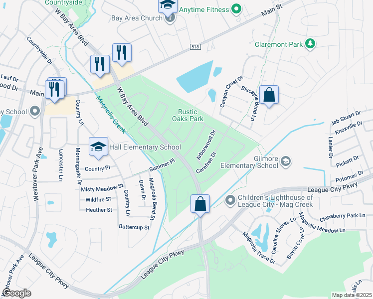 map of restaurants, bars, coffee shops, grocery stores, and more near 5126 Winterwood Drive in League City