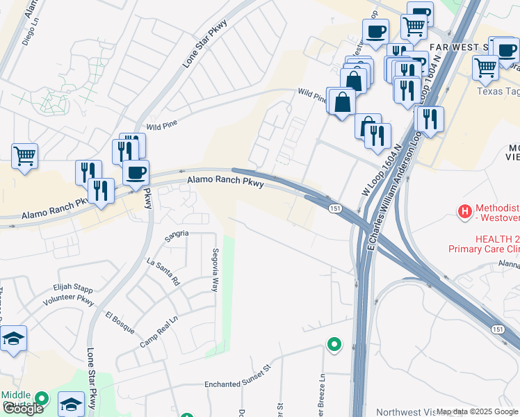 map of restaurants, bars, coffee shops, grocery stores, and more near 11340 Alamo Ranch Parkway in San Antonio