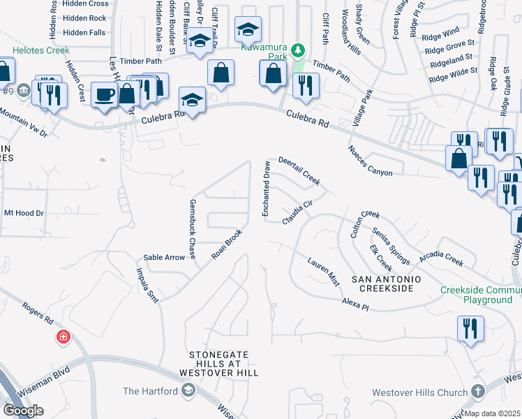 map of restaurants, bars, coffee shops, grocery stores, and more near 5134 Roan Brook in San Antonio