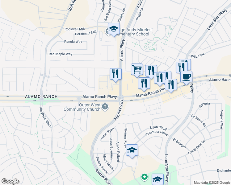 map of restaurants, bars, coffee shops, grocery stores, and more near 5301 Alamo Ranch Parkway in San Antonio
