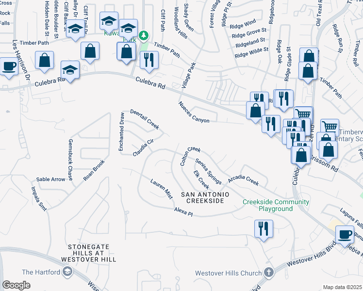 map of restaurants, bars, coffee shops, grocery stores, and more near 9815 Criswell Creek in San Antonio