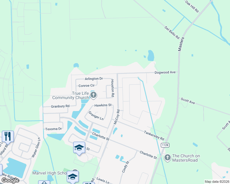 map of restaurants, bars, coffee shops, grocery stores, and more near 6527 Houston Road in Manvel
