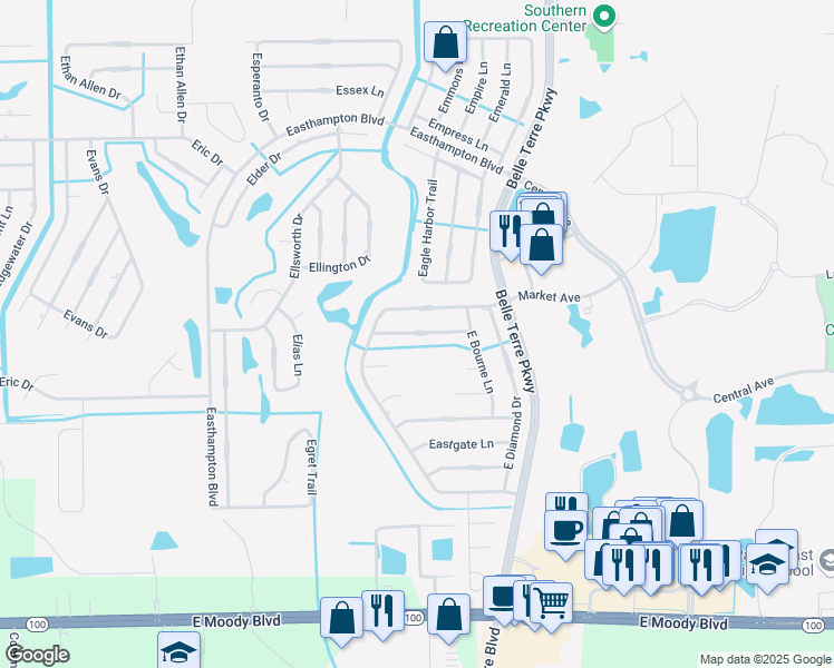 map of restaurants, bars, coffee shops, grocery stores, and more near 10 Eastland Lane in Palm Coast