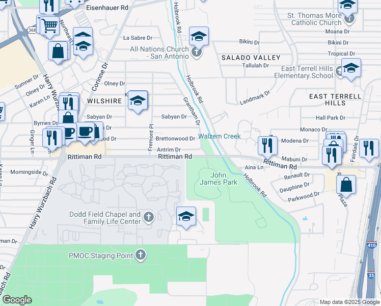 map of restaurants, bars, coffee shops, grocery stores, and more near 259 Antrim Drive in San Antonio