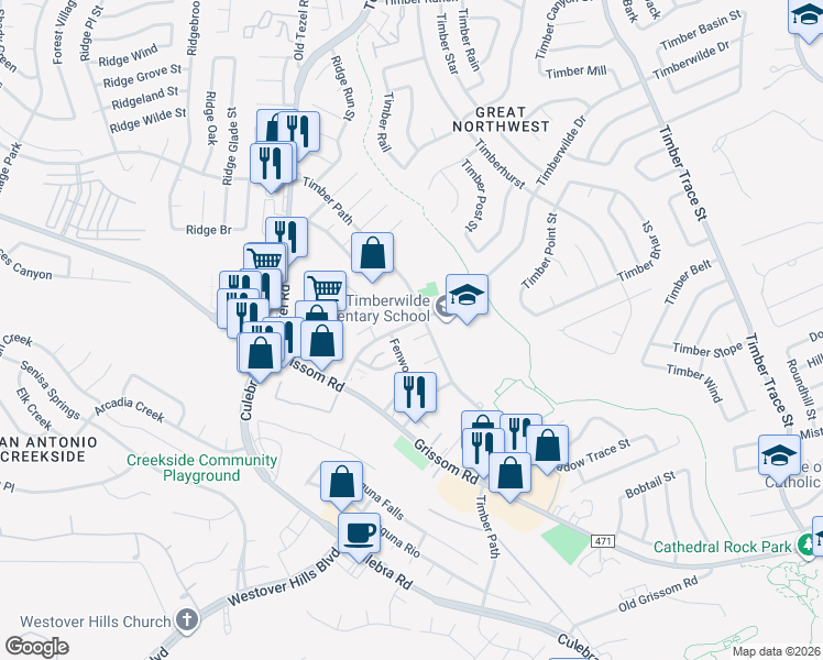 map of restaurants, bars, coffee shops, grocery stores, and more near 8911 Timberwilde Street in San Antonio