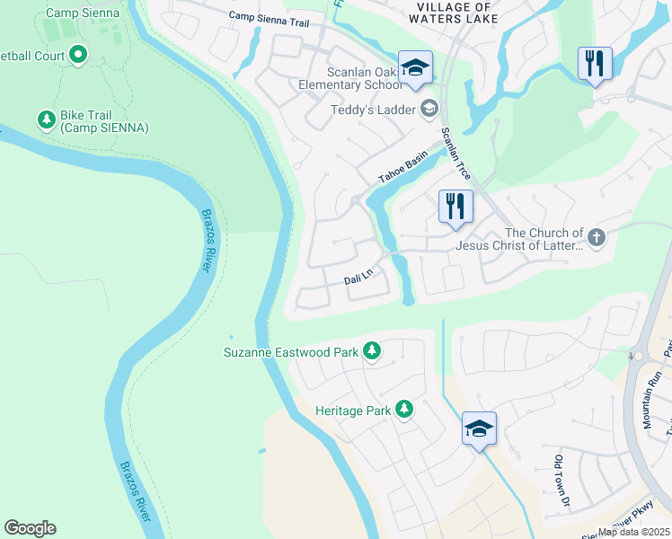 map of restaurants, bars, coffee shops, grocery stores, and more near 9215 Gauguin Lane in Missouri City