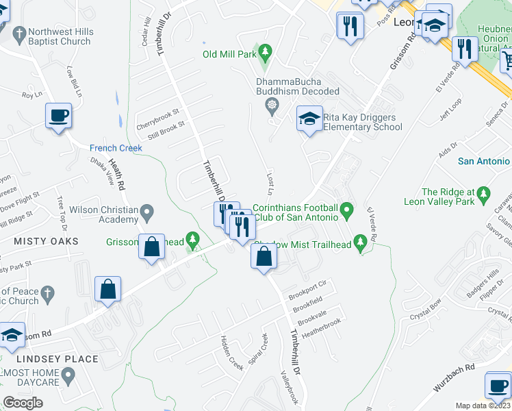 map of restaurants, bars, coffee shops, grocery stores, and more near 5544 Lost Lane in San Antonio