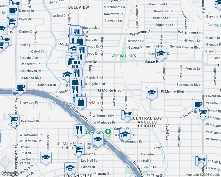map of restaurants, bars, coffee shops, grocery stores, and more near 1618 San Angelo in San Antonio