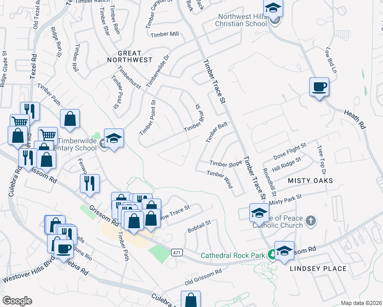map of restaurants, bars, coffee shops, grocery stores, and more near 5038 Timberhurst in San Antonio