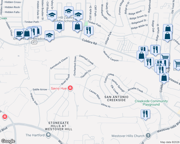 map of restaurants, bars, coffee shops, grocery stores, and more near 9643 Claudia Circle in San Antonio