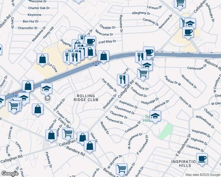 map of restaurants, bars, coffee shops, grocery stores, and more near 4806 Rollingfield Drive in San Antonio