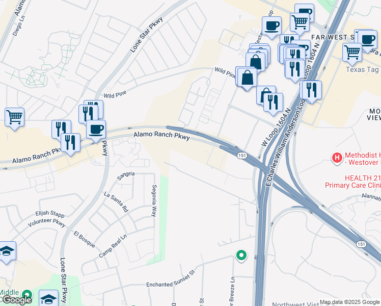 map of restaurants, bars, coffee shops, grocery stores, and more near 11340 Alamo Ranch Parkway in San Antonio
