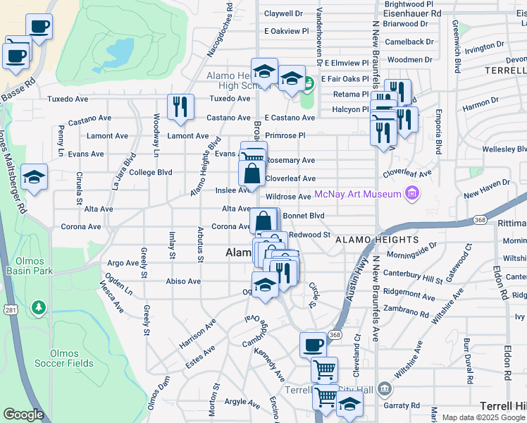 map of restaurants, bars, coffee shops, grocery stores, and more near 103 Blue Bonnet Boulevard in San Antonio