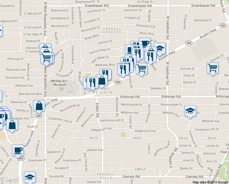 map of restaurants, bars, coffee shops, grocery stores, and more near 1120 Austin Highway in San Antonio