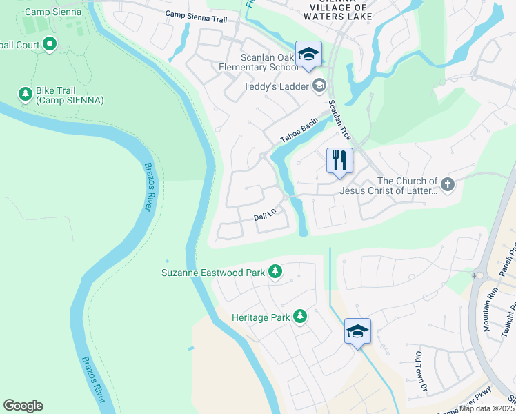 map of restaurants, bars, coffee shops, grocery stores, and more near 9215 Gauguin Lane in Missouri City