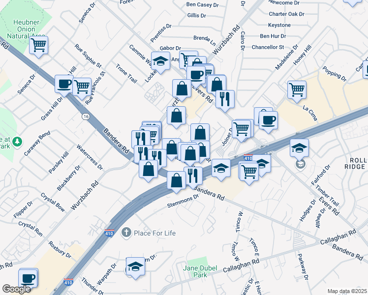 map of restaurants, bars, coffee shops, grocery stores, and more near 5719 Kenwick St in San Antonio