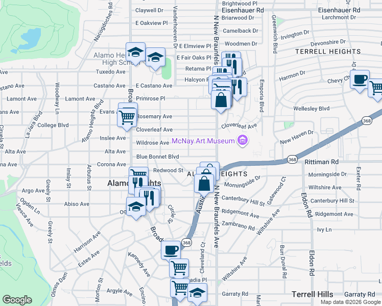 map of restaurants, bars, coffee shops, grocery stores, and more near 301 Blue Bonnet Boulevard in Alamo Heights