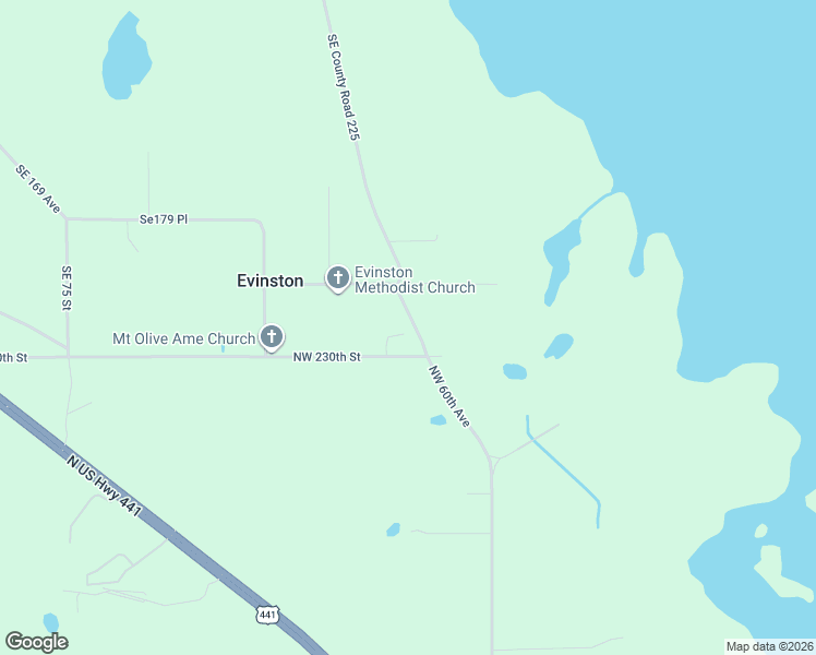 map of restaurants, bars, coffee shops, grocery stores, and more near 18320 Southeast County Road 225 in Evinston