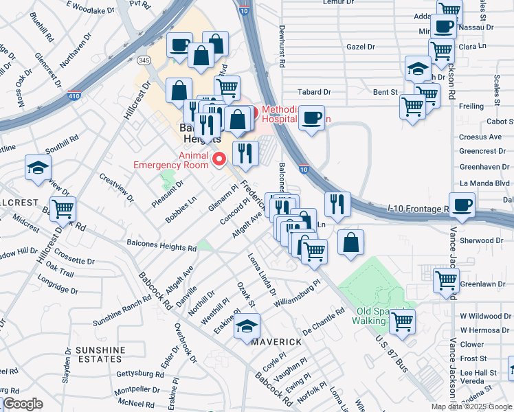 map of restaurants, bars, coffee shops, grocery stores, and more near 4109 U.S. 87 Bus in Balcones Heights