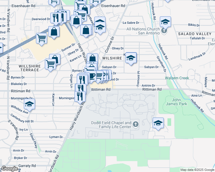map of restaurants, bars, coffee shops, grocery stores, and more near 1023 Rittiman Road in San Antonio