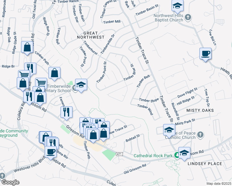 map of restaurants, bars, coffee shops, grocery stores, and more near 8726 Timber Range in San Antonio