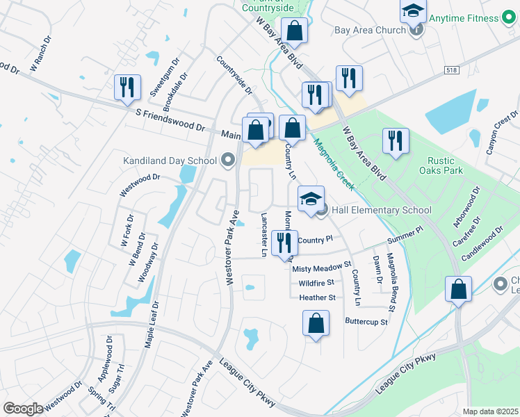 map of restaurants, bars, coffee shops, grocery stores, and more near 228 Sutherland Lane in League City