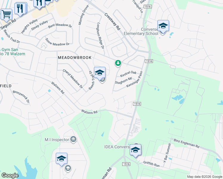 map of restaurants, bars, coffee shops, grocery stores, and more near 6007 Ironmill Creek in Converse