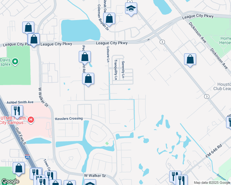 map of restaurants, bars, coffee shops, grocery stores, and more near 2330 Leisure Lane in League City